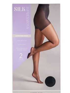 Silk Impressions Ultra Sheer Pantyhose 2 Pair Size L Black 15 Denier